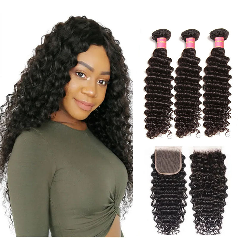 Sunber Hair Brazilian Virgin Deep Wave Hair 3 Bundles With  4&quot;*4&quot; Lace Closure, 100% Human Hair