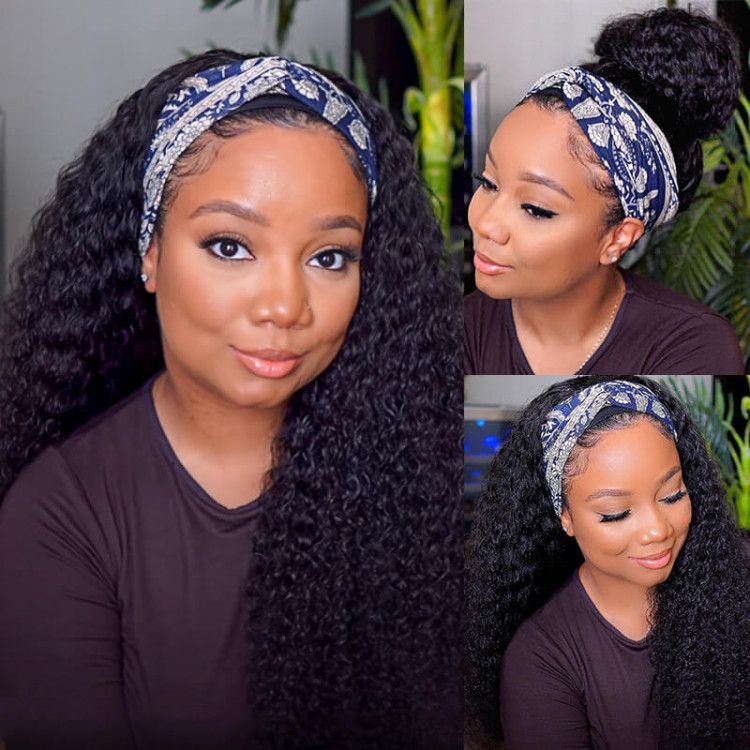 Sunber Jerry Curly Scarf Wigs 100% Human Hair Wig No Glue No Sew In Headband Wig for Women