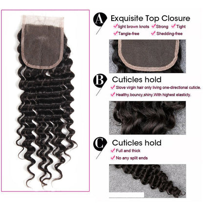 Brazilian Virgin Deep Wave Hair 3 Bundles With  4&quot;*4&quot; Lace Closure, 100% Human Hair - Sunberhair