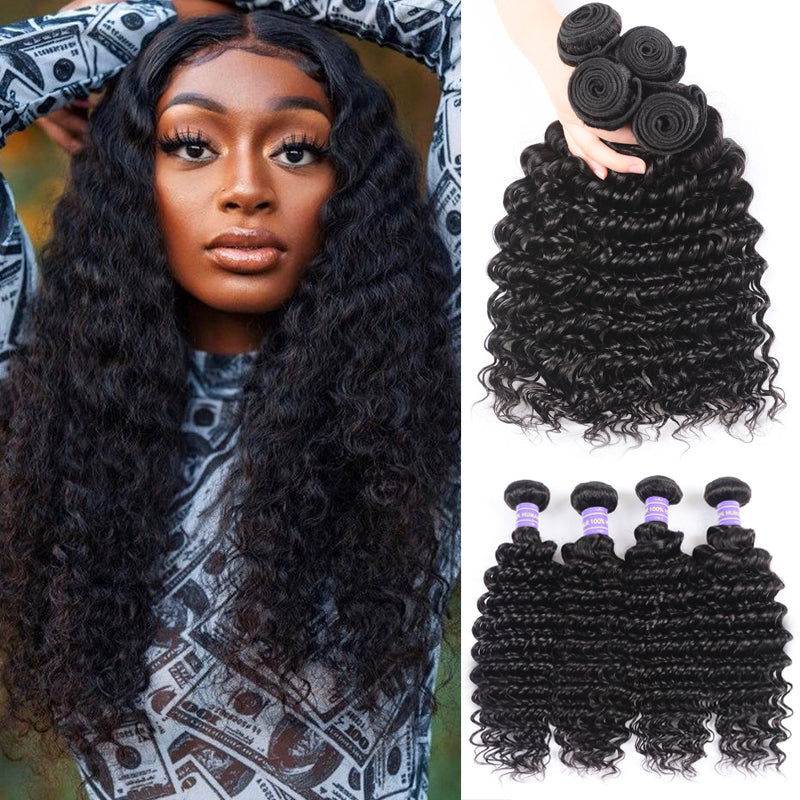 Sunber Remy Deep Wave Human Hair Weaves 4Bundles Deals With Hair Extensions