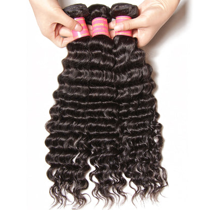 Brazilian Virgin Deep Wave Hair 3 Bundles With  4&quot;*4&quot; Lace Closure, 100% Human Hair - Sunberhair