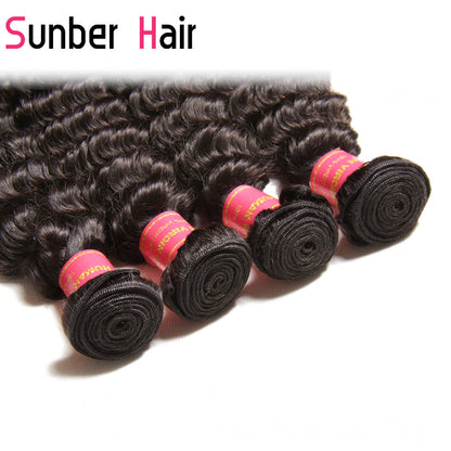 Brazilian Virgin Deep Wave Hair 3 Bundles With  4&quot;*4&quot; Lace Closure, 100% Human Hair - Sunberhair