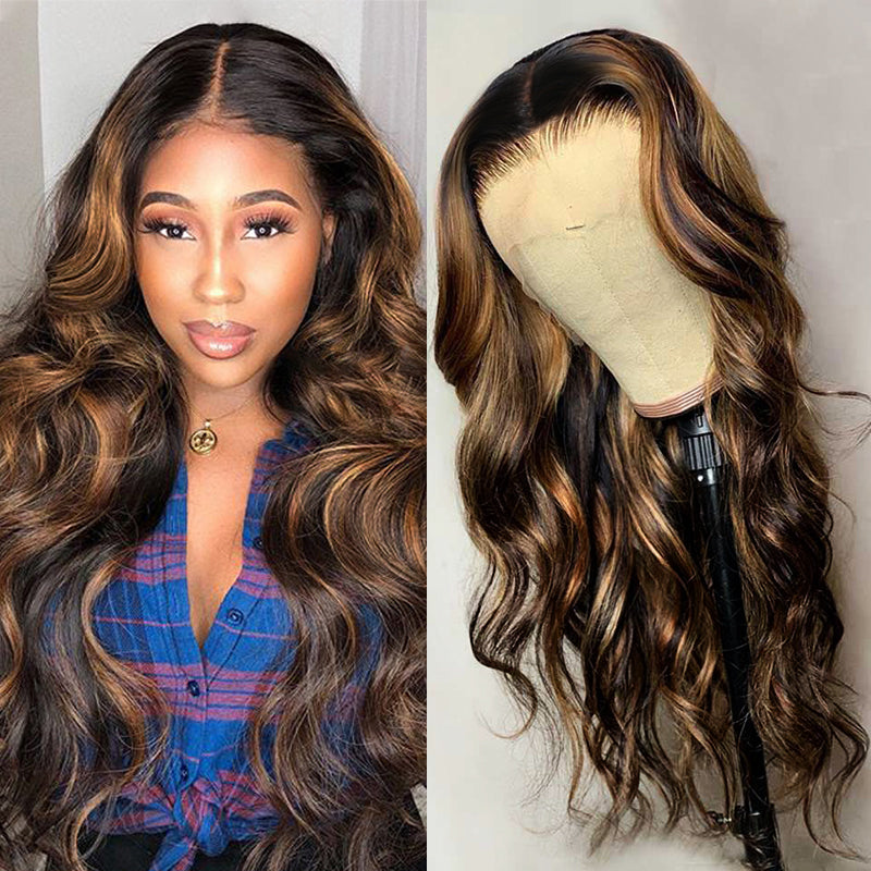 Sunber Glueless Balayage Highlight Body Wave Wigs With Dark Roots T Part Lace Front Wig 180% Density Flash Sale