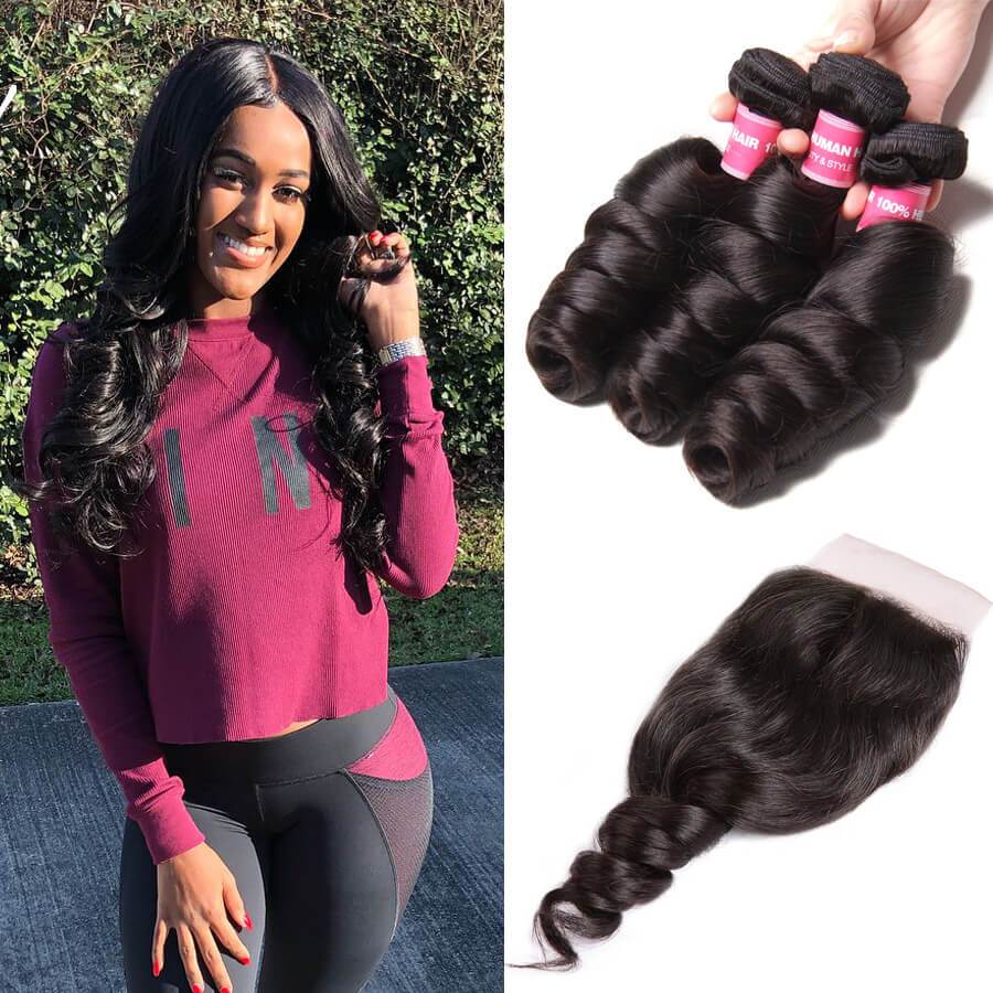 Sunber Hair Brazilian Virgin Loose Wave Hair 3 Bundles with 4*4 Lace Closure, 100% 7A Virgin Hair Bundles