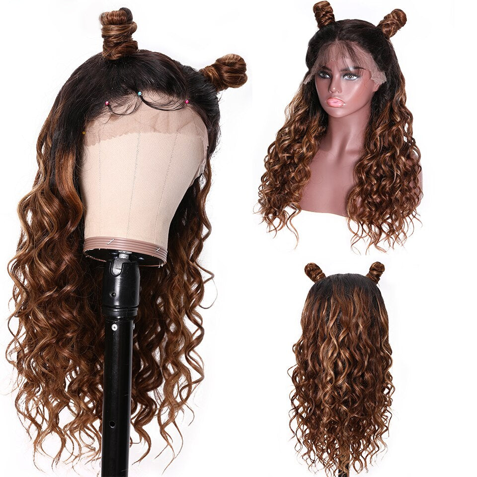 Sunber Ombre Deep Curly Human Hair Wig With Baby Hair Pre Plucked T1B/4/27 Ombre Curly Hair Lace Front Wig 150% Density