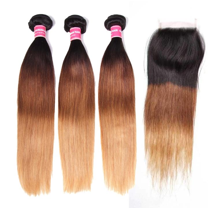 Ombré Hair T1b/4/27 Straight Human Hair 3 Bundles with Lace Closure - Sunberhair