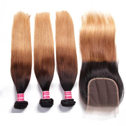 Ombré Hair T1b/4/27 Straight Human Hair 3 Bundles with Lace Closure - Sunberhair