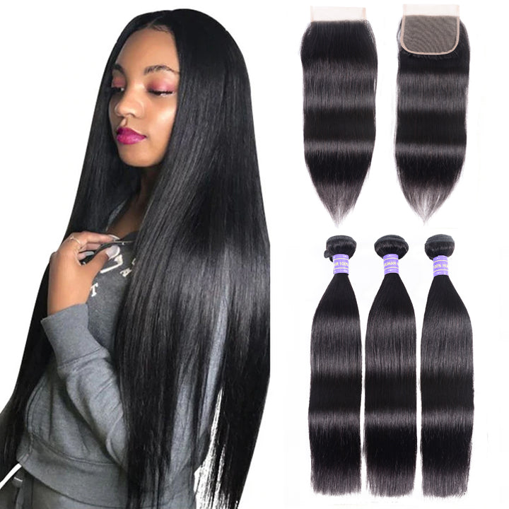 Sunber Hair Malaysian Silky Straight Hair 3 Bundles Remy Human Hair with 4x4 Swiss Lace Closure