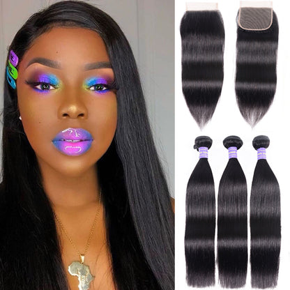 Sunber Hair Malaysian Silky Straight Hair 3 Bundles Remy Human Hair with 4x4 Swiss Lace Closure