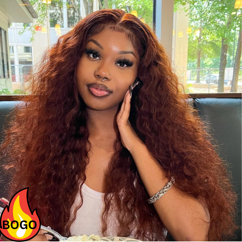 BOGO Sunber Reddish Brown Wet And Wavy 13*4 Lace Front Wigs Water Wave Pre-Plucked Human Hair Wigs