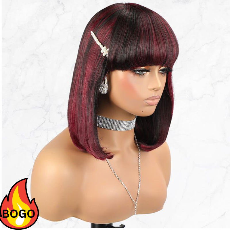 BOGO Sunber Mix Highlight Burgundy Bob Wig With Bangs