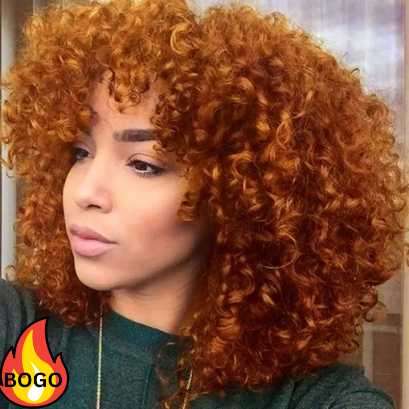 BOGO Sunber Ginger Orange Bouncy Curls Short Human Hair Wigs With Bangs Glueless Pixie Cuts Wigs