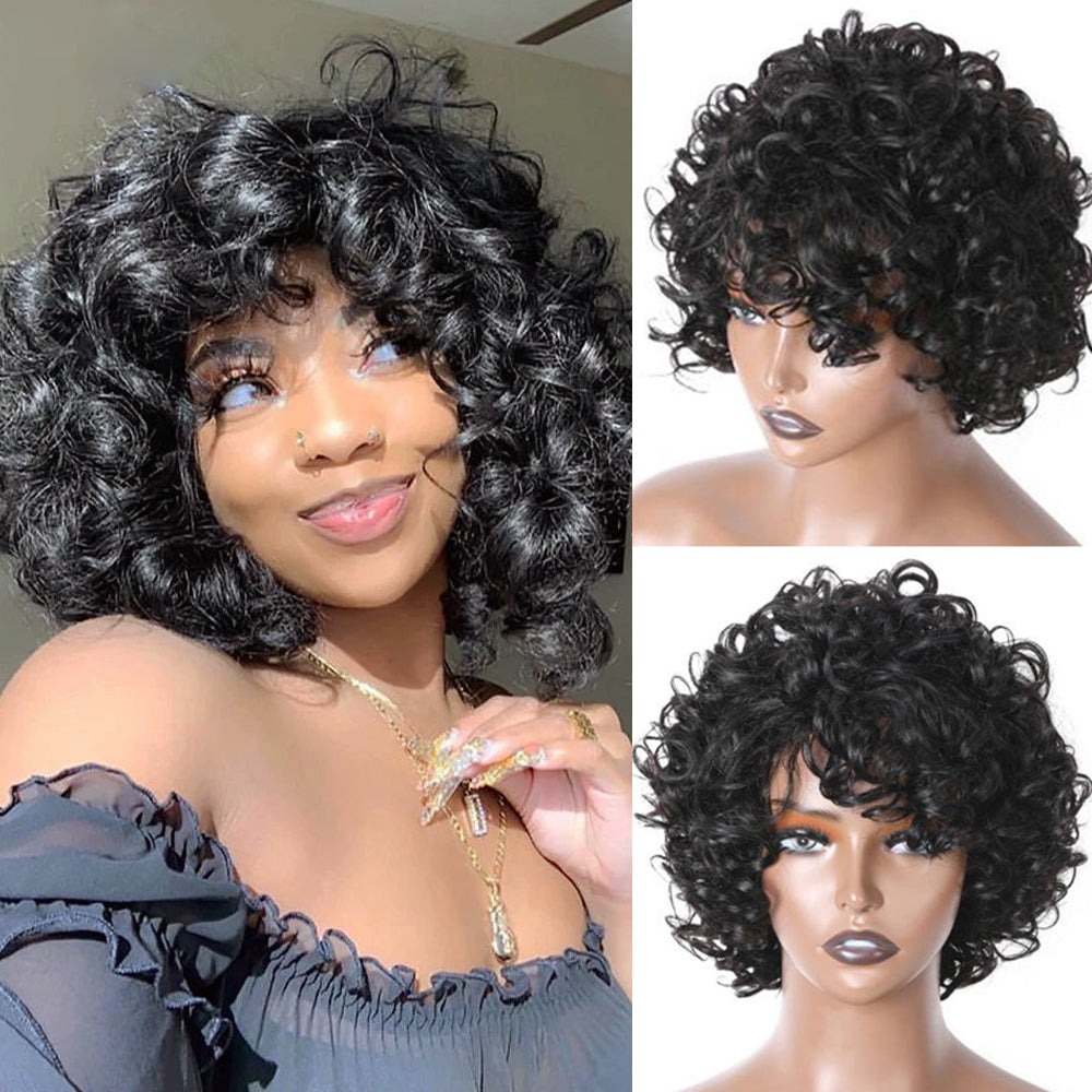 Sunber Fluffy Curls Short Human Hair Wigs with Bangs Glueless Pixie Cuts Wigs Flash Sale