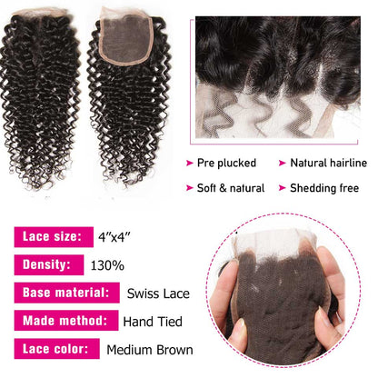 Sunber Hair Brazilian Virgin Curly Hair 3 Bundles with 4*4 Lace Closure 100% Human Hair