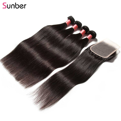 Sunber Hair Peruvian Straight Hair Bundles 3 Bundles With 4x4 inch Swiss Lace Closure, 8&quot;-30&quot; in stocks