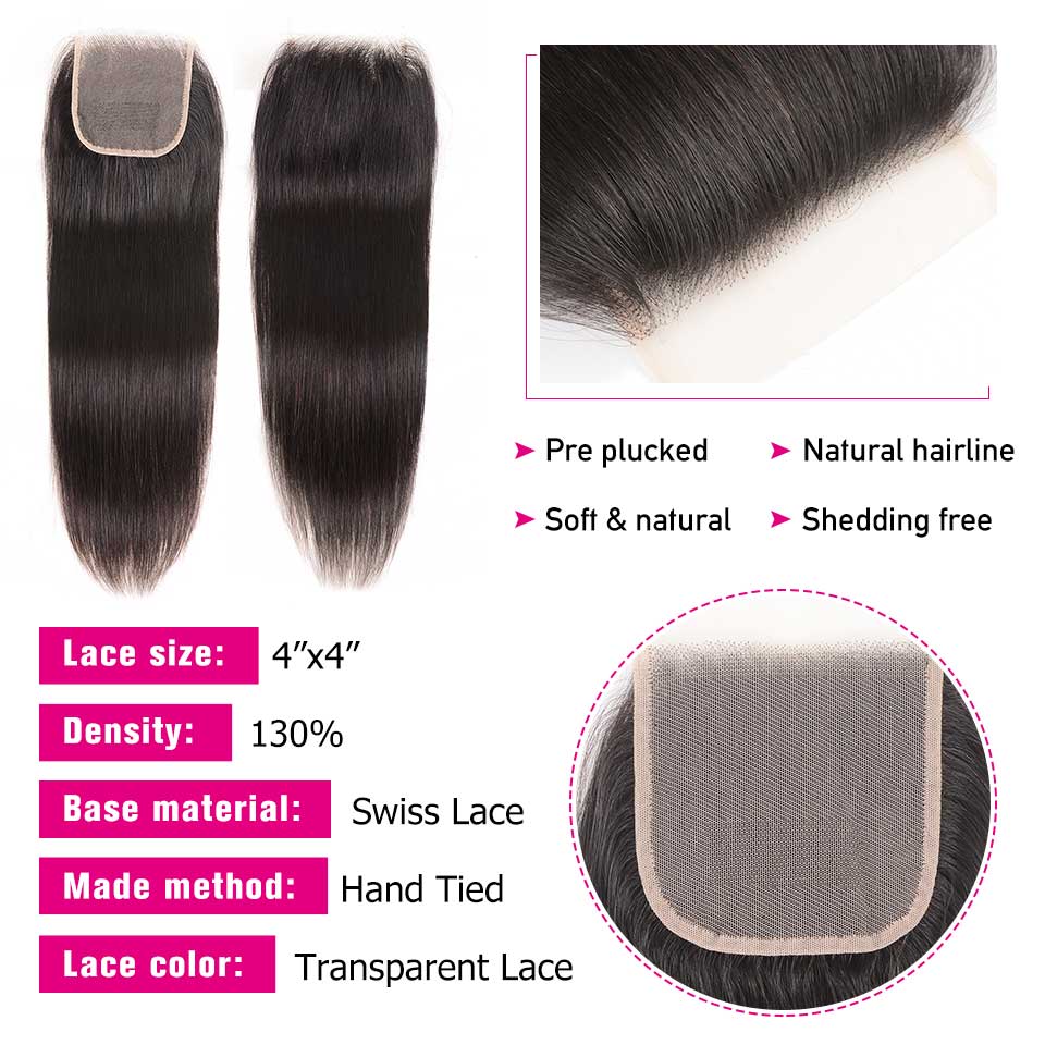 Sunber Hair Peruvian Straight Hair Bundles 3 Bundles With 4x4 inch Swiss Lace Closure, 8&quot;-30&quot; in stocks