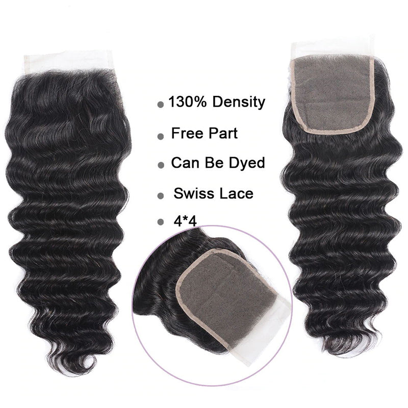 Sunber Loose Deep Wave 4 Bundles With 4x4 Lace Closure Free Part Natural Black Color