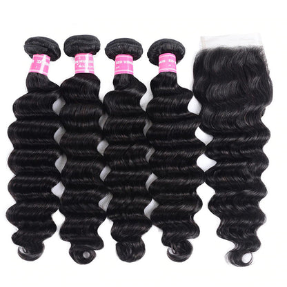 Sunber Loose Deep Wave 4 Bundles With 4x4 Lace Closure Free Part Natural Black Color