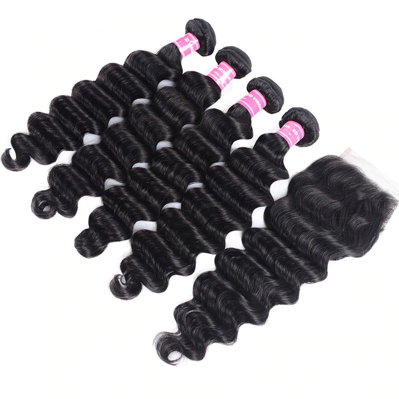 Sunber Loose Deep Wave 4 Bundles With 4x4 Lace Closure Free Part Natural Black Color