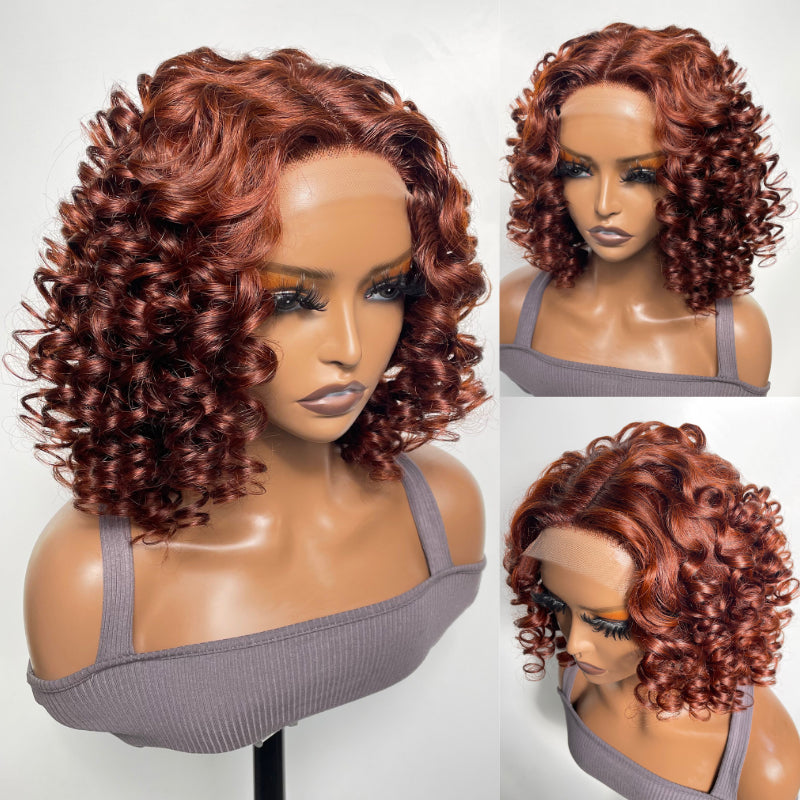 Sunber Reddish Brown Curly Lace Part Short Bob Wig Human Hair For Women