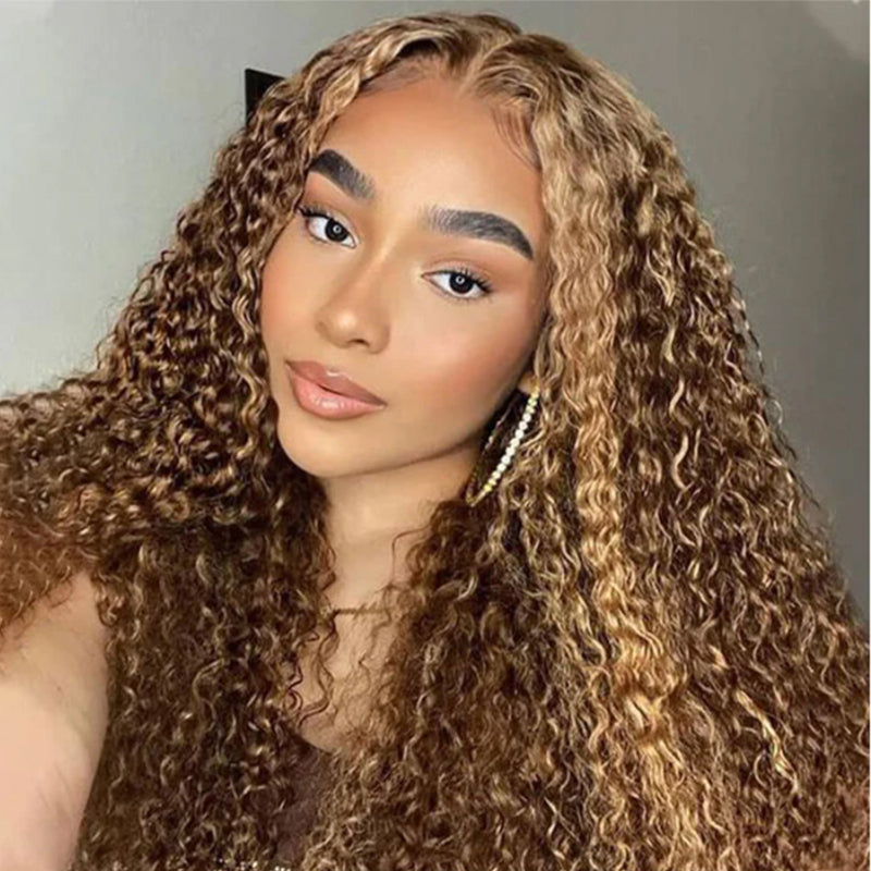 Flash Sale Sunber Kinky Curly Honey Blonde Highlight 13*4 Pre Cut Lace Front Wig Human Hair