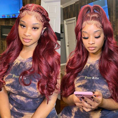 Sunber Dark 99J Burgundy Color 13x4 Lace Front Wigs 7/5 Bye Bye Knots Pre Plucked Long Straight Human Hair Wigs