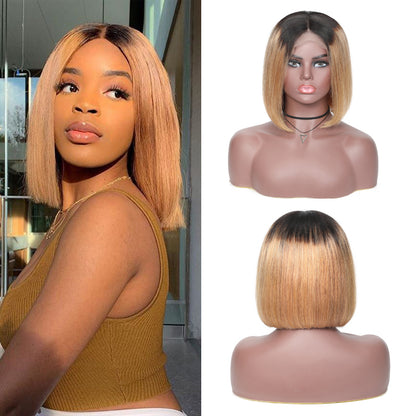 Sunber Ombre Hair 9A Grade Lace Front Omber T1B27 Straight Human Hair Wigs Preplucked Short Bob Wigs