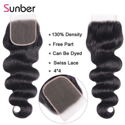 Sunber Hair 1PCS Affordable Remy Human Hair 4*4  Lace Closures 4 Styles Matched with Bundles Better