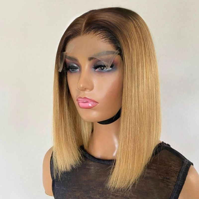 Sunber Golden Blonde With Dark Roots Layered Lob 13x4 lace front wig Short Bob Wig