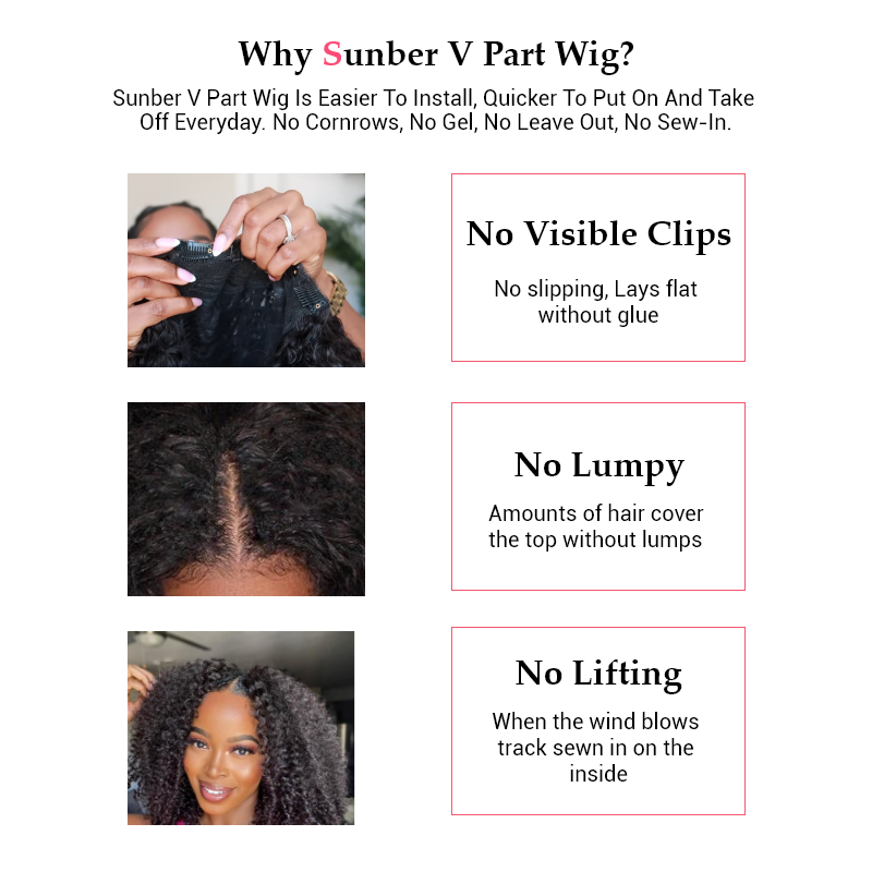 Sunber Kinky Curly V Part Wigs No Leave Out Upgrade U part Human Hair Wigs