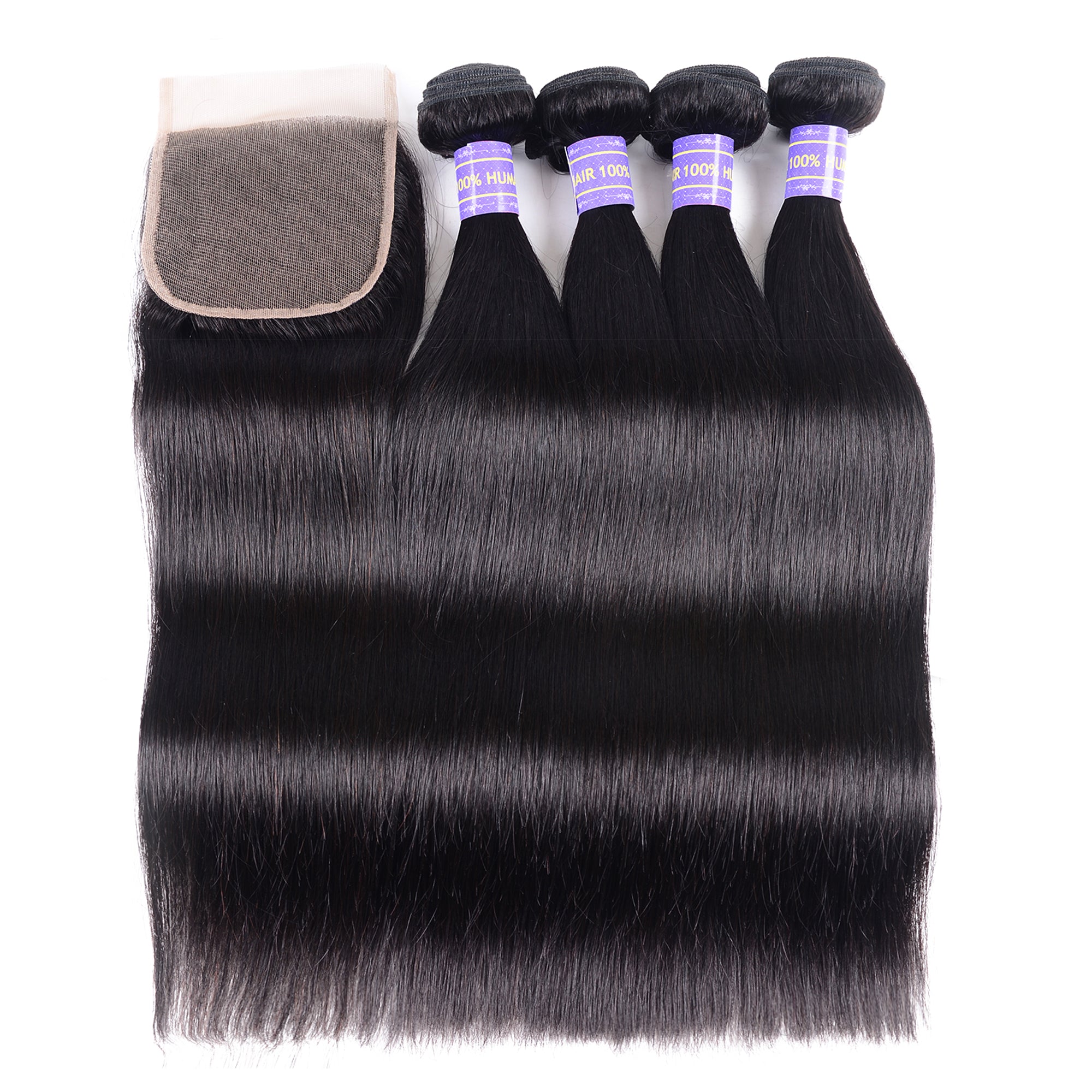 Sunber Hair Malaysian Remy Human Hair Black Color Silky Straight Hair 4 Bundles With 4x4 Lace Closure