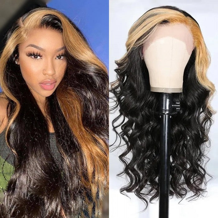 Clearance Sale Sunber Honey Blonde Skunk Stripe Loose Wave Lace Frontal Human Hair Wigs Flash Sale