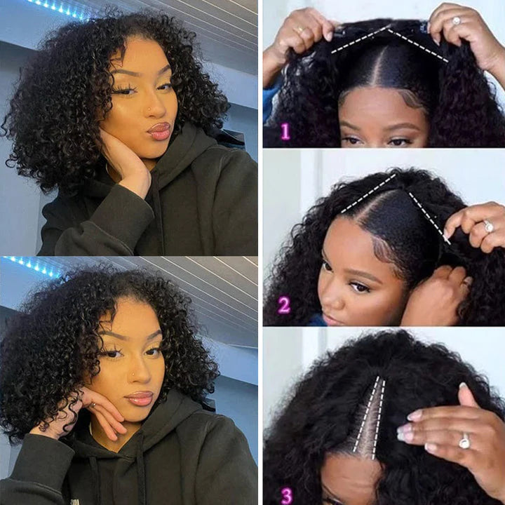 Flash Sale Sunber Hair Friendly Jerry Curly  Bob V Part Wigs Deep Parting Real Scalp Human Hair Wigs