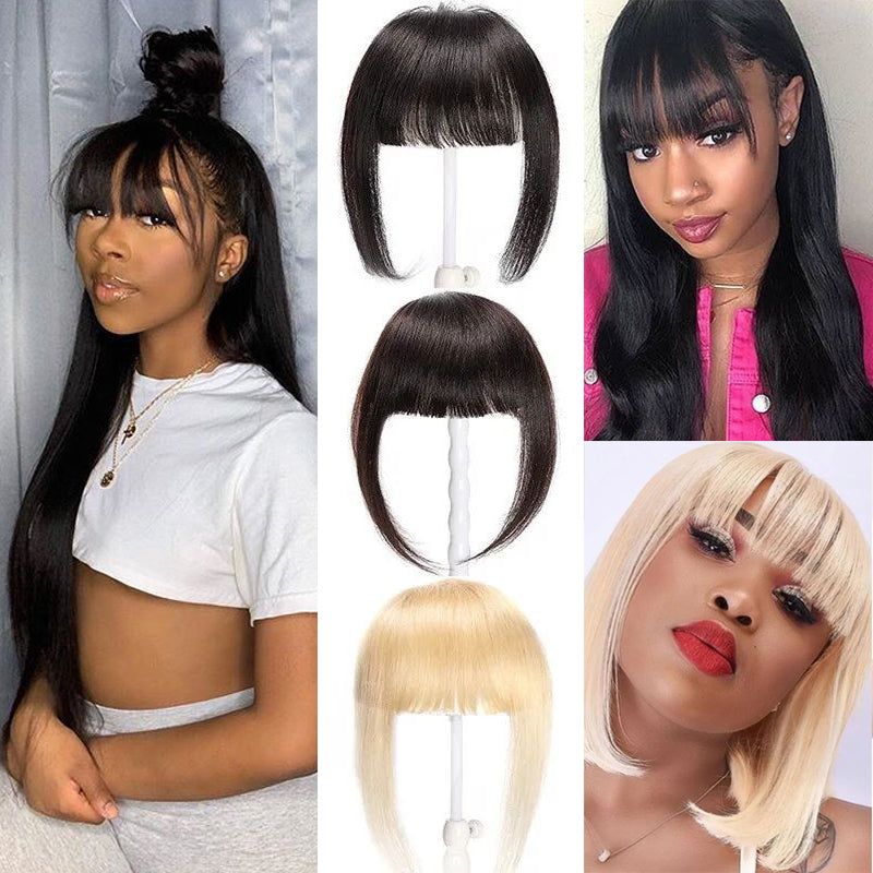 Sunber Hair Clip In Blunt Bangs with Temples One-piece Front Neat Hair Bangs Extension Front Neat Full Tied Hair Bangs in 3 Colors