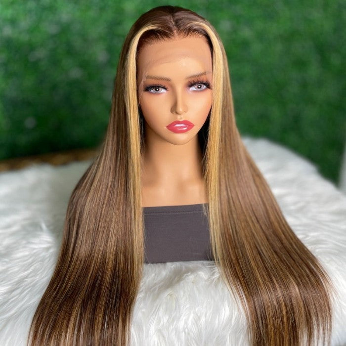 Sunber Face Framing Highlights Lace Front Wig Silk Straight Honey Blonde Brown Color