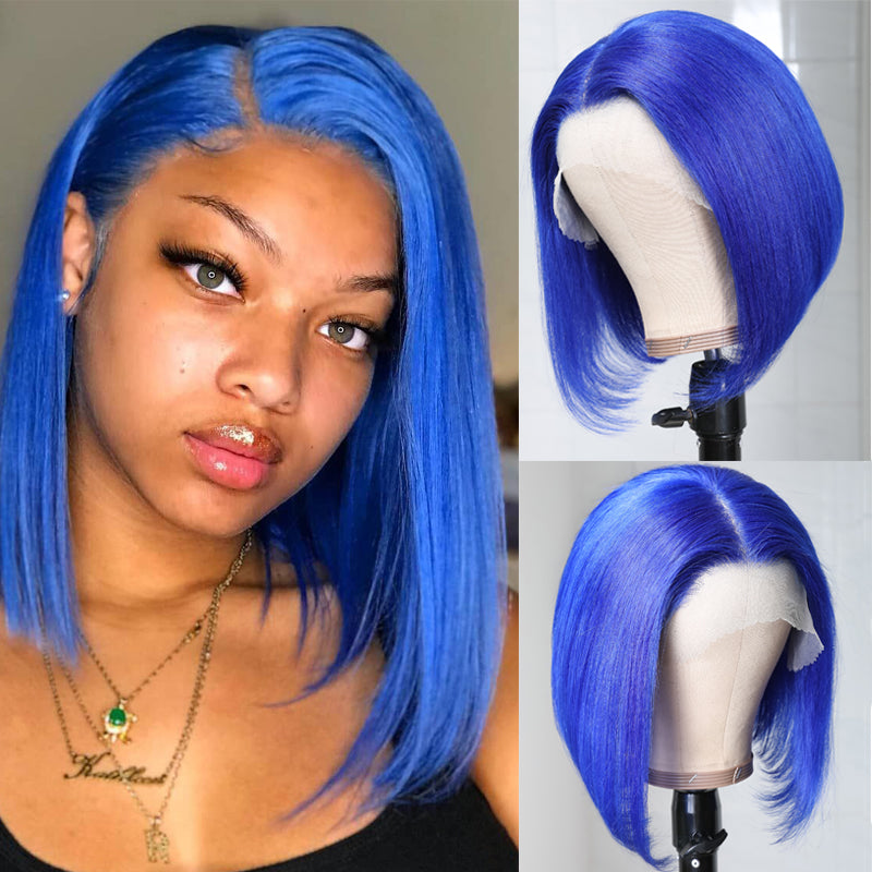 Sunber Beautiful Blue Bob Wigs Human Hair Lace Front Wigs Pre Plucked 13×4 Swiss Lace Wig 150% Density