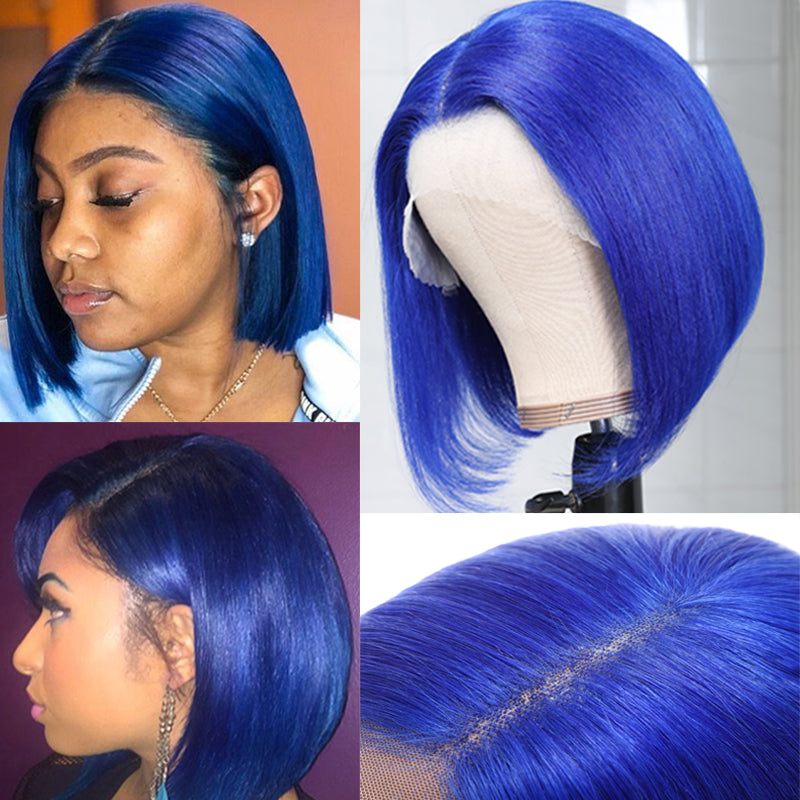 Sunber Beautiful Blue Bob Wigs Human Hair Lace Front Wigs Pre Plucked 13×4 Swiss Lace Wig 150% Density