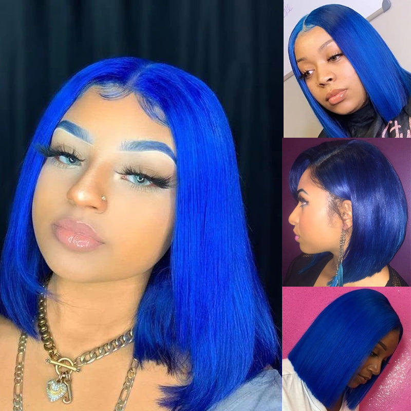 Sunber Beautiful Blue Bob Wigs Human Hair Lace Front Wigs Pre Plucked 13×4 Swiss Lace Wig 150% Density