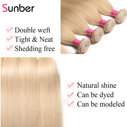 Sunber Hair 3 Bundles 613 Blonde Straight Human Hair Weaves With 4X4 Lace Closure