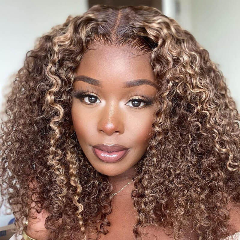 【22”=$95】Sunber $100 Off Honey Blonde Highlight Lace Front Curly  Wigs 100% Human Hair Wig