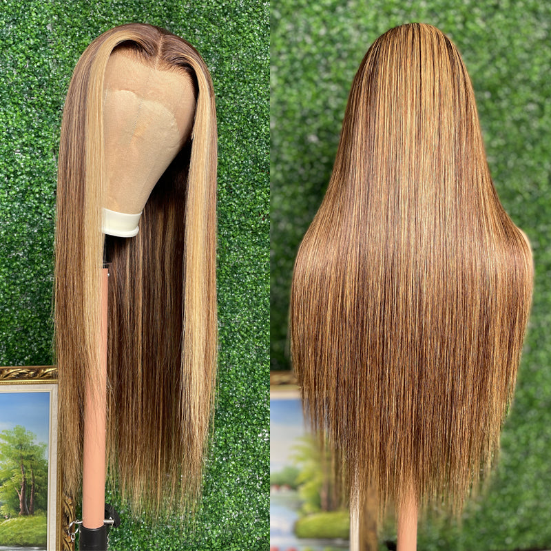 Sunber Face Framing Highlights Lace Front Wig Silk Straight Honey Blonde Brown Color