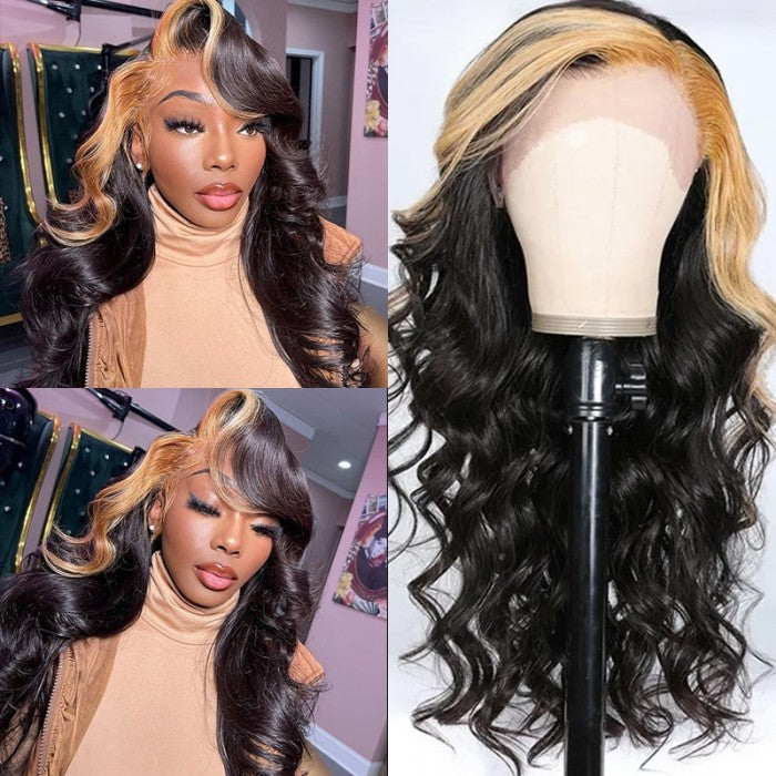 Clearance Sale Sunber Honey Blonde Skunk Stripe Loose Wave Lace Frontal Human Hair Wigs Flash Sale