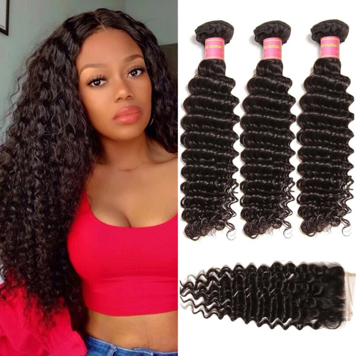 Sunber Deep Wave 4Bundles With 4x4 Lace Free Part Closure Virgin Human Hair