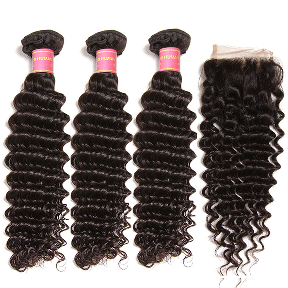 Brazilian Virgin Deep Wave Hair 3 Bundles With  4&quot;*4&quot; Lace Closure, 100% Human Hair - Sunberhair