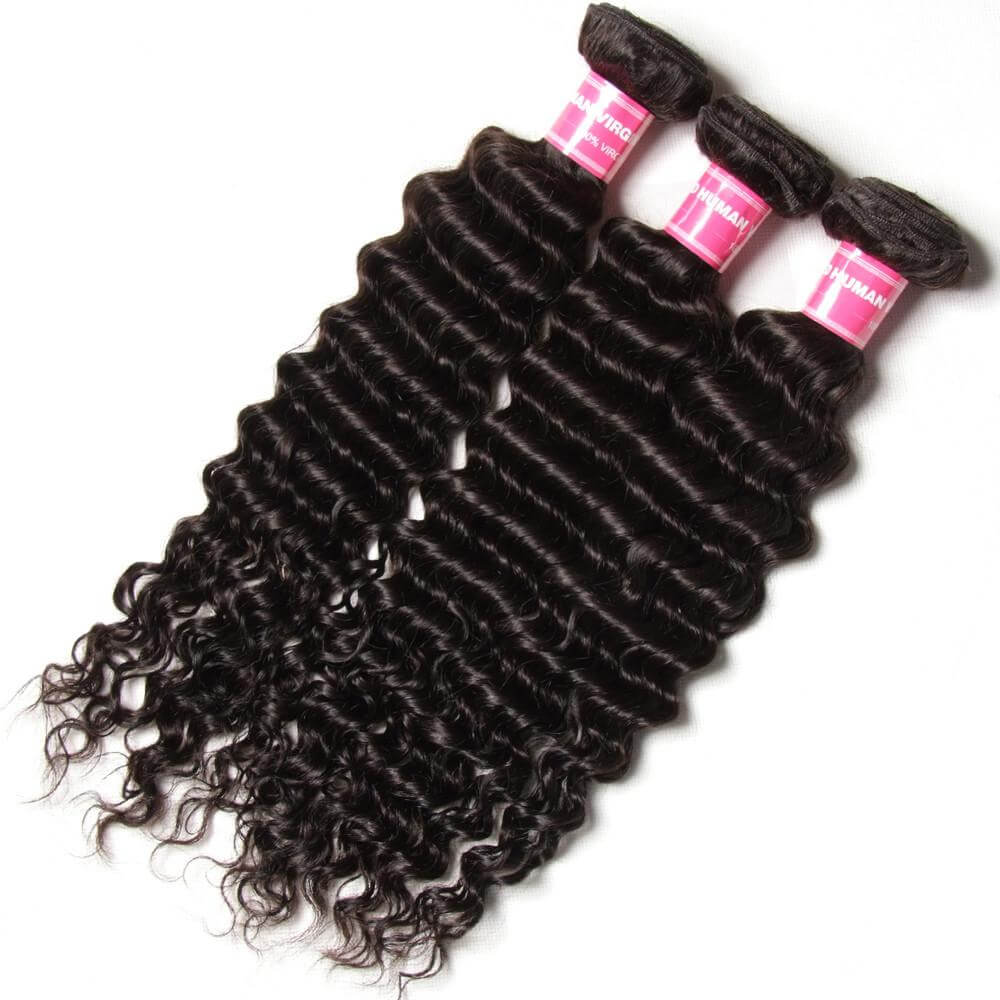 Peruvian Deep Wave Hair 3 Bundles With  4&quot;*4&quot; Lace Closure, Free Part, 100%  Human Hair - Sunberhair