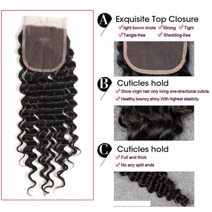 Peruvian Deep Wave Hair 3 Bundles With  4&quot;*4&quot; Lace Closure, Free Part, 100%  Human Hair - Sunberhair