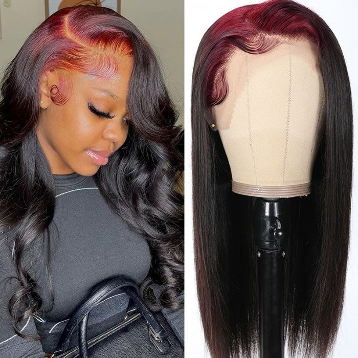 Sunber 13x4 Lace Frontal Skunk Stripe Sparkle Burgundy 99J Roots Straight Wigs Flash Sale