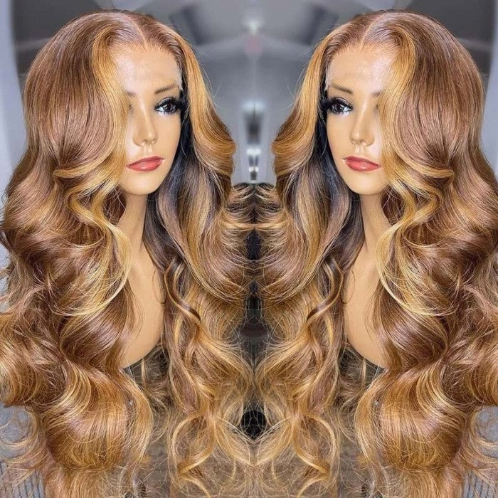 Sunber Ombre Blonde Highlight Brown Body Wave Wig Lace Front Human Hair Wigs