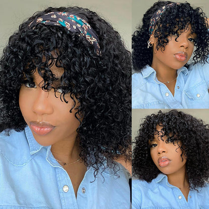 Sunber Jerry Curly Short BOB Headband Wigs with Removable Bang 150% Density Best Human Hair Glueless Scarf Wigs