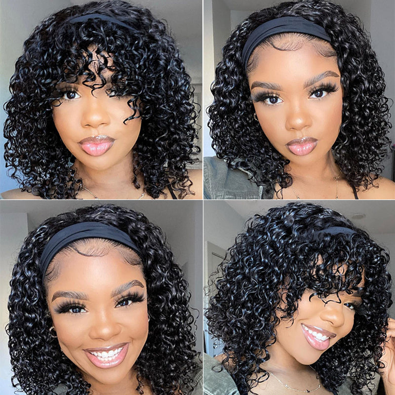 Sunber Jerry Curly Short BOB Headband Wigs with Removable Bang 150% Density Best Human Hair Glueless Scarf Wigs